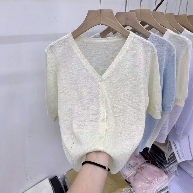 2026 New Style V-Neck Knitted Cardigan for Women, Summer Thin Loose Versatile Short-Sleeve Top, Solid Color, Simple and Lazy Style 2026 New Style V-Neck Knitted Cardigan for Women, Summer Thin Loose Versatile Short-Sleeve Top, Solid Color, Simple and Lazy Style
