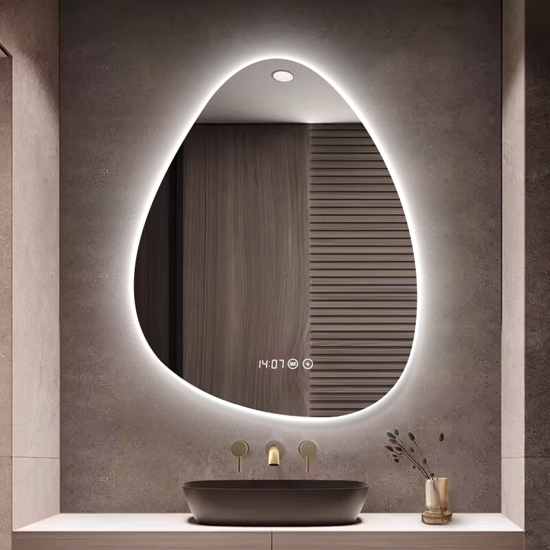 Espejo inteligente de gota de agua de forma extraña pantalla táctil hotel baño espejo de maquillaje con lámpara espejo de baño pared led espejo de baño