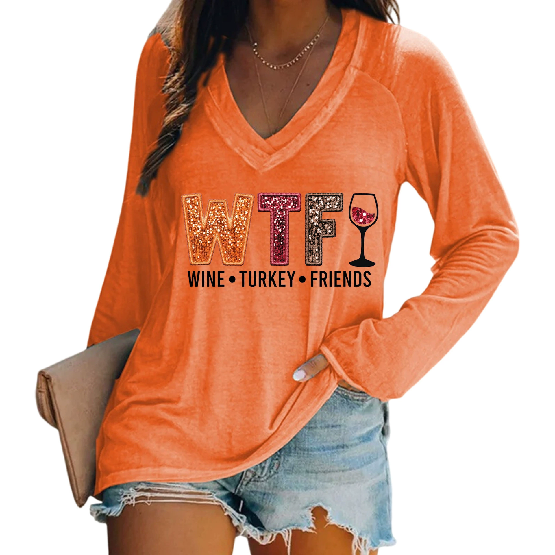 Новый стиль благодарения европейские и американские женщины V-образный вырез длинный рукав 3D цифровая печать горячая продажа внешней торговли большой размер плечевой рукав