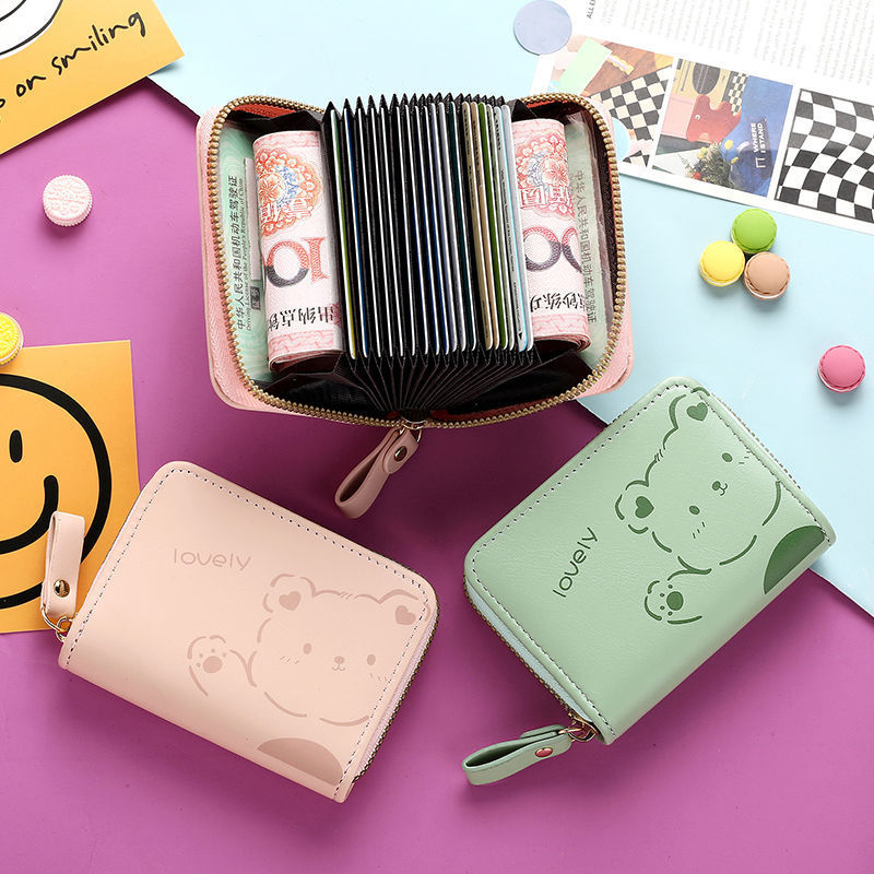 2023 New Zipper Mini Card Holder Lady Accordion Small Card Bag Cartoon Student PU Cute Bear Pocket Money