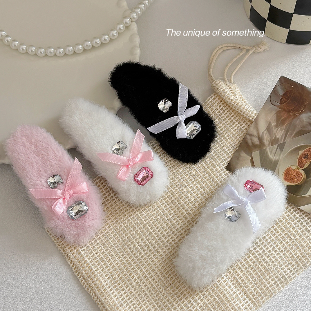 Autumn and Winter Plush Rhinestone Bow Bb Clip Large Elegant High-End Side Hair Bangs Clip Sweet Hair Clip for Women