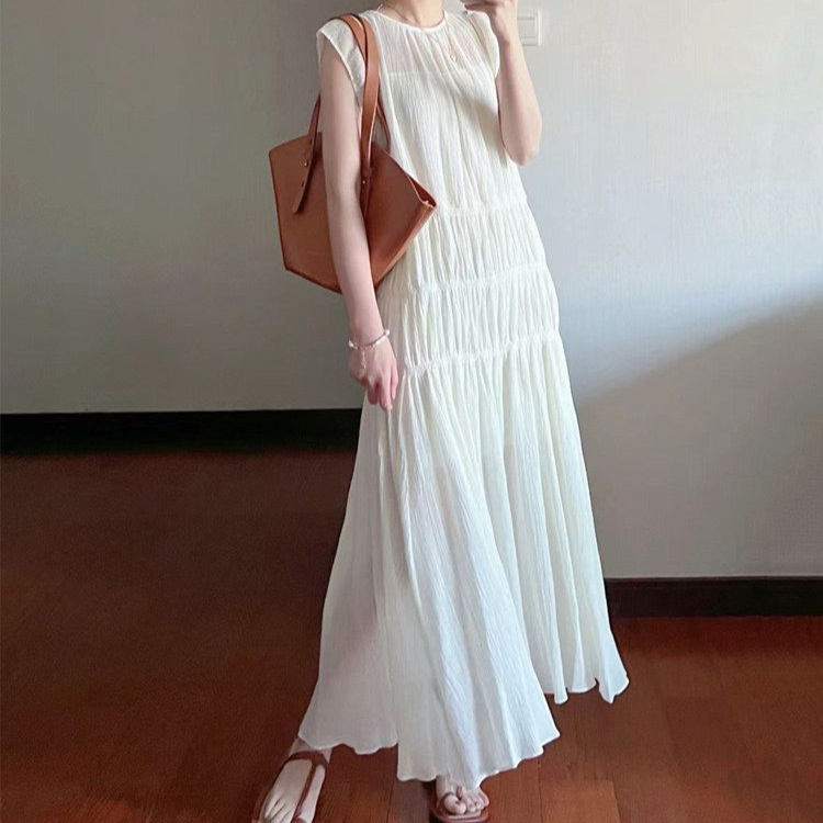 Plus Size 150kg Pleated Flutter Sleeve Dress for Women, Summer Elegant Simple Casual Loose Slimming Long Dress