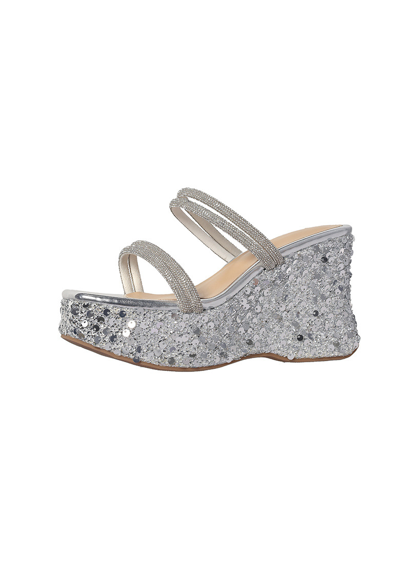 Sandal cao gót nữ mũi vuông hở ngón đính đá lấp lánh phong cách Pháp — màu đen, bạc chi tiết 20