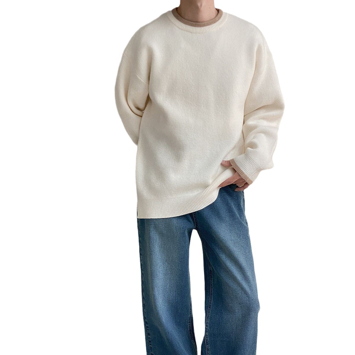 Cuello contraste Color Otoño e Invierno Nuevo suéter cuello redondo de los hombres color cálido suéter de desgaste exterior suelto estilo coreano de los hombres de moda de fondo