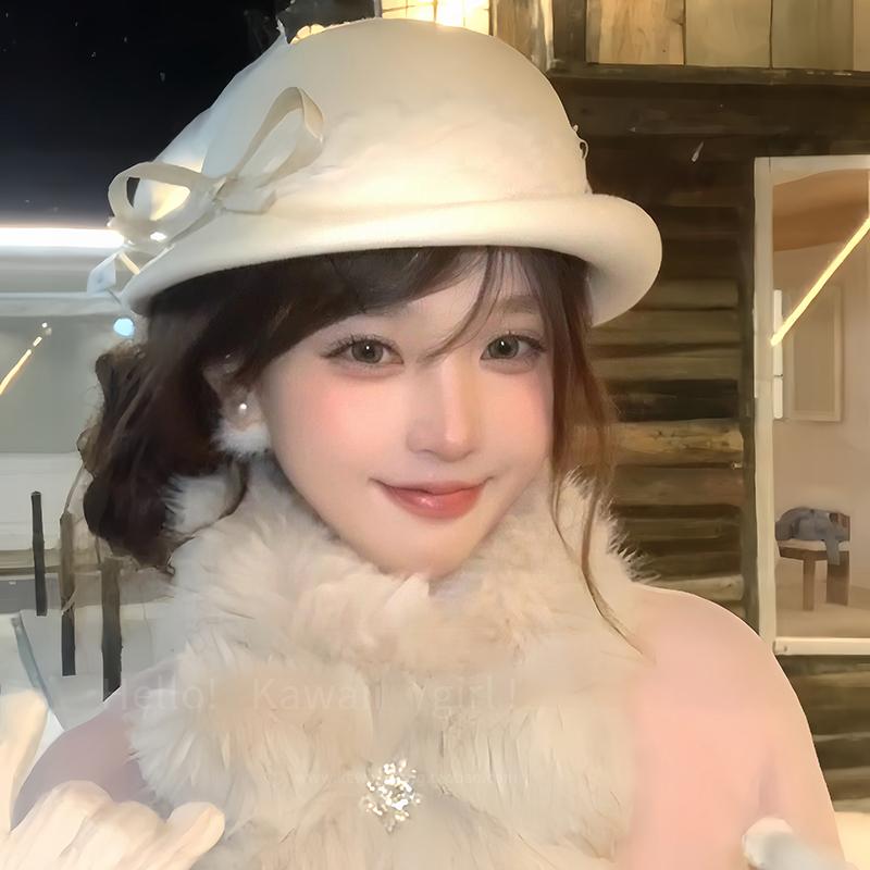 French Socialite Lace Bow Wool Beret Women's Winter 5 New Hepburn Retro Dome Hat