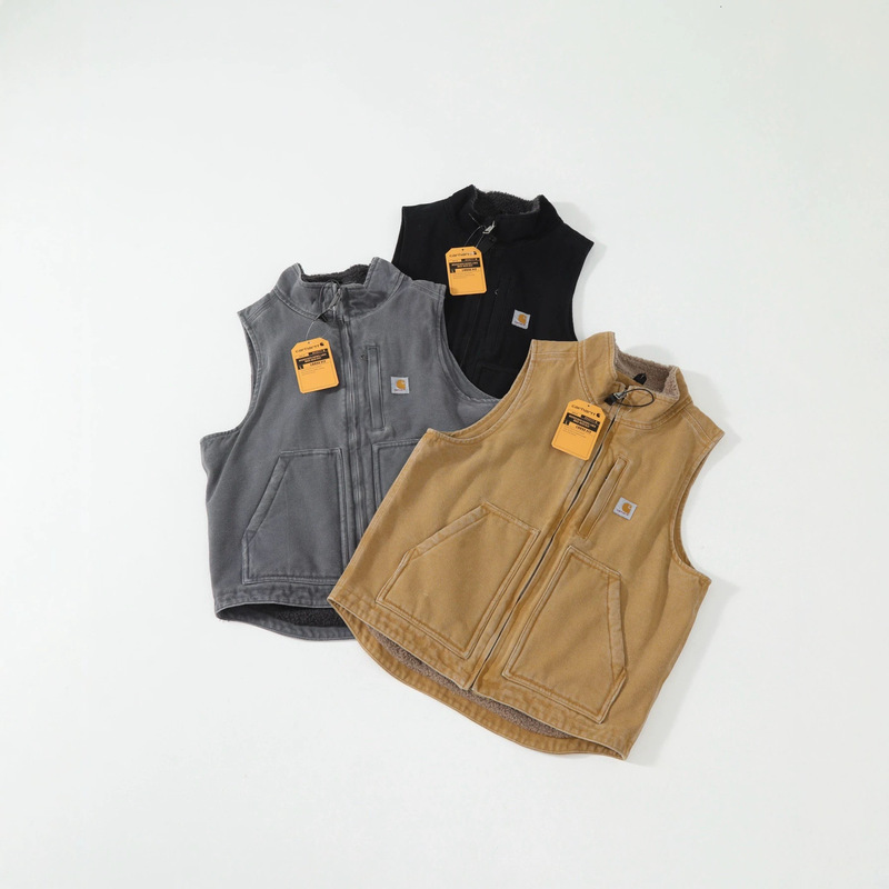 Car American retro new v33 stand-up collar lamb wool vest, washed distressed canvas fleece-lined vest for men and women Car American retro new v33 stand-up collar lamb wool vest, washed distressed canvas fleece-lined vest for men and women