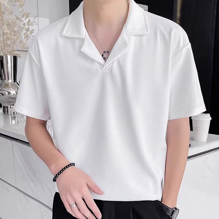 Camicia da uomo con colletto cubano – Camicia oversize a maniche corte con trama a nido d'ape (poliestere traspirante, bianco/nero/grigio, M-3XL)_voghion.com