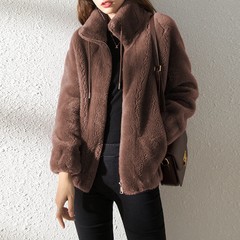 コートの女性は冬にベルベットを厚くして両面のサンゴのベルベットの立襟を厚くして保温しているセーターの気質のカーディガンのジッパーでベルベットの上着をつかむ