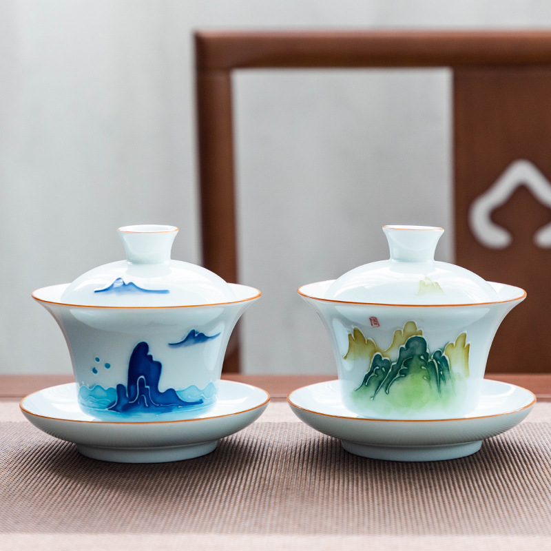 Cubierta pintada a mano Tazón juego de té de Kung Fu Tazón de cerámica porcelana blanca hogar solo tres-Cai Chong dulce burbuja de porcelana blanca lejos Cuenco de cubierta Yuanshan