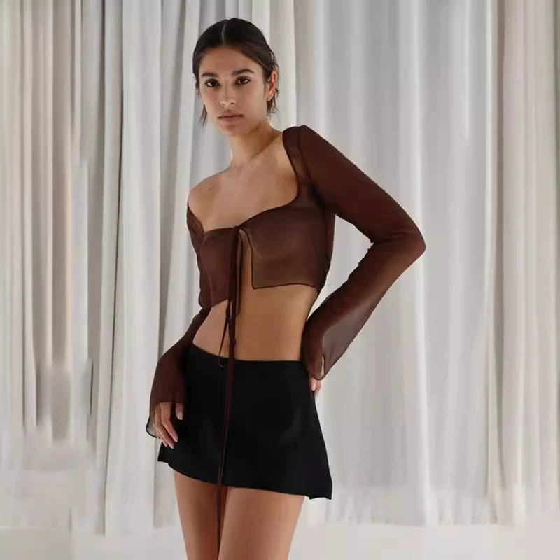 2024 весна и осень новая американская горячая девушка дикая шнуровка с длинными рукавами кардиган сексуальная короткая перспективная блузка