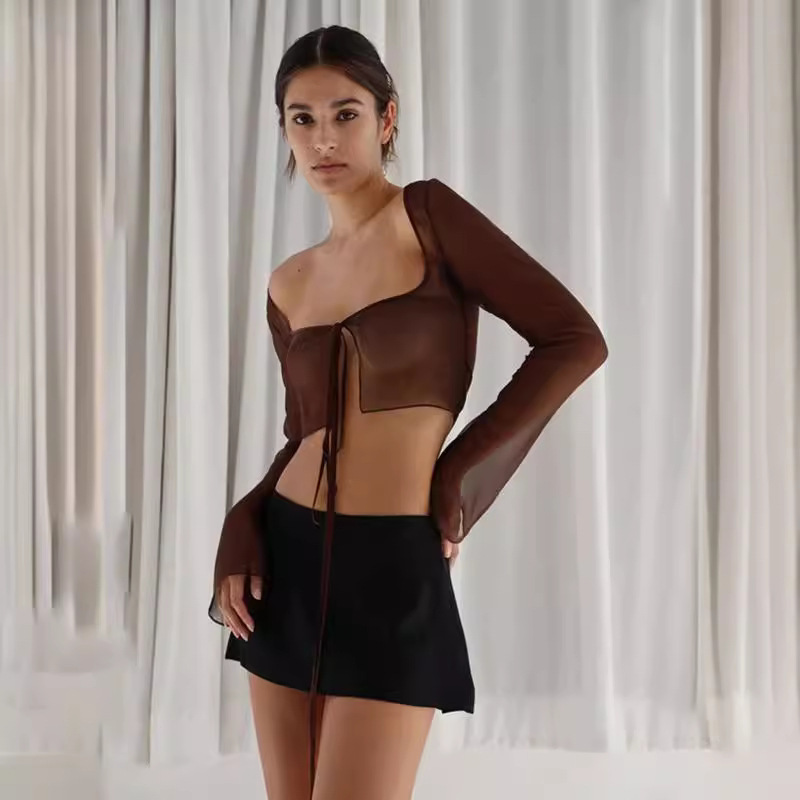 2024 Spring and Autumn New American Style Spice Girl All-match Lace-up Long Sleeve Cardigan Women's Sexy Short Perspective Outer Blouse