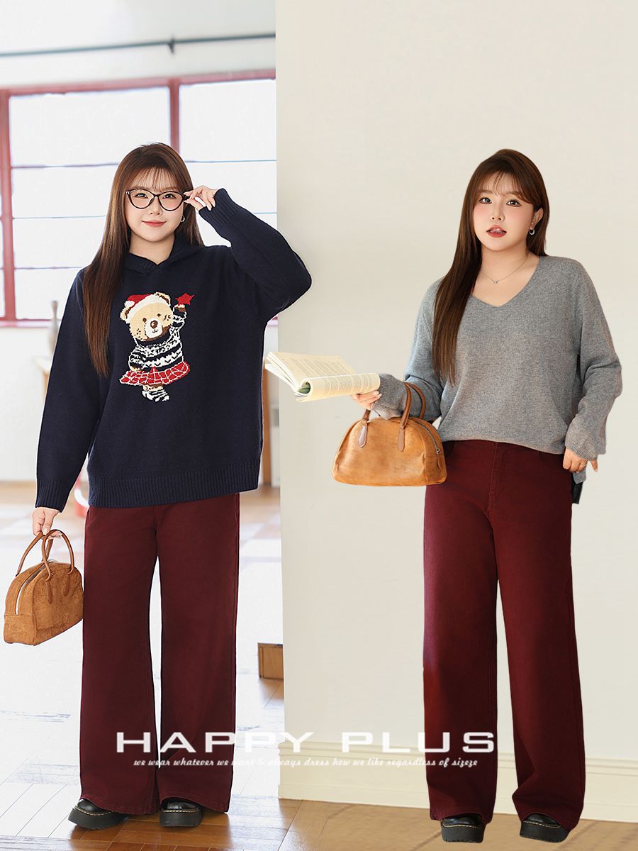 Retro burgundy denim loose straight jeans