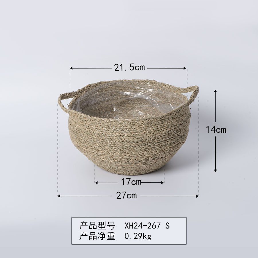 Cesta de almacenamiento con marco tejido de cuerda de paja de mar Cesta de almacenamiento de estilo pastoral tejida con cuerda hecha a mano Maceta de paja Cesta de acabado de ratán retro