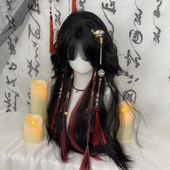 許昌のかつらの女性の全頭カバーの黒紅は羊毛を染めてクラゲの頭を巻いてお下げの自然な国風のcosを刺してかつらを整えます。