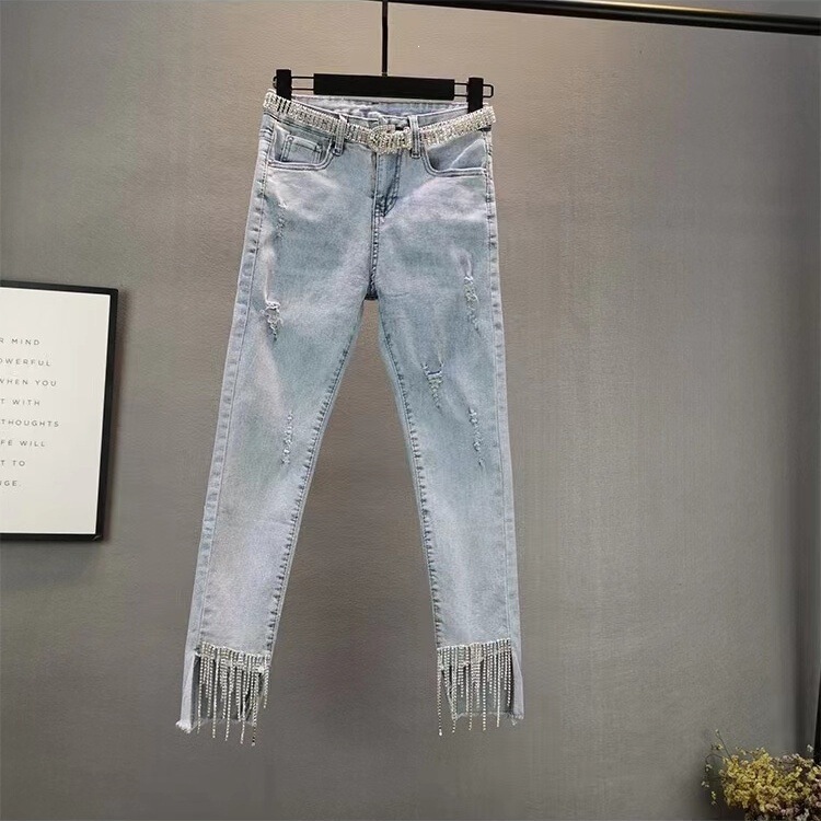 Light Blue Jeans for Women 2026 Spring/Summer New Trendy Slim Fit Stretchy Stylish Rhinestone Tassel Cigarette Pants Light Blue Jeans for Women 2026 Spring/Summer New Trendy Slim Fit Stretchy Stylish Rhinestone Tassel Cigarette Pants