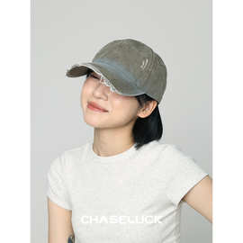 日本设计师联名款做旧磨破水洗帽子女秋季棒球帽渐变撞色男鸭舌帽