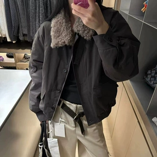 现货2026冬季新韩国东大门羊羔毛翻领工装派克服鹅绒巴恩风羽绒服