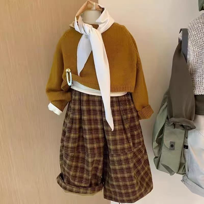 韩版男女童套装2025新款秋季洋气宝宝时髦针织衫格子休闲裤两件套|undefined