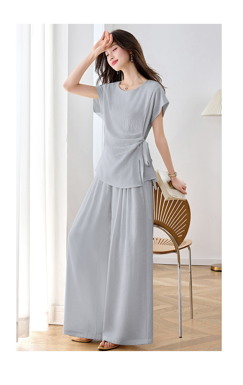 Bộ áo thun cổ tròn nơ buộc kết hợp quần ống rộng nữ 2 món — xanh lam, màu kaki, màu trắng ngà chi tiết 23