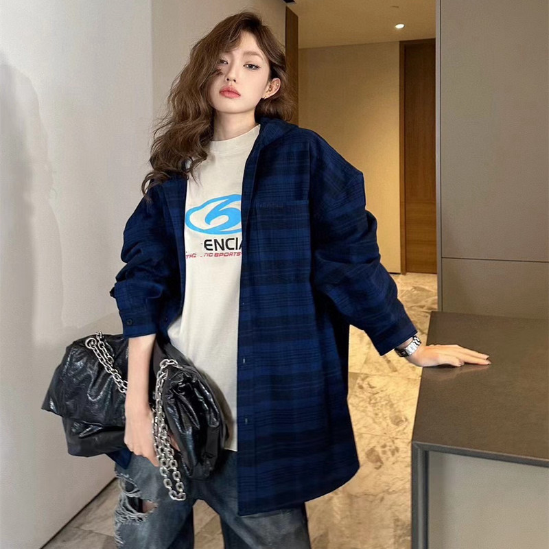 2025 Early Autumn New Model Original Paris B Brand Navy Blue Brushed Plaid Flannel Hooded Shirt Jacket for Men and Women 2025 Early Autumn New Model Original Paris B Brand Navy Blue Brushed Plaid Flannel Hooded Shirt Jacket for Men and Women