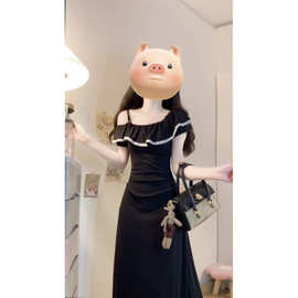 大码女装气质显瘦遮肚设计感长款连衣裙夏季新款针织小黑裙