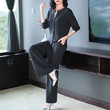 秋季套装女2025新款时尚设计感宽松羊毛上衣阔腿裤两件套针织套装