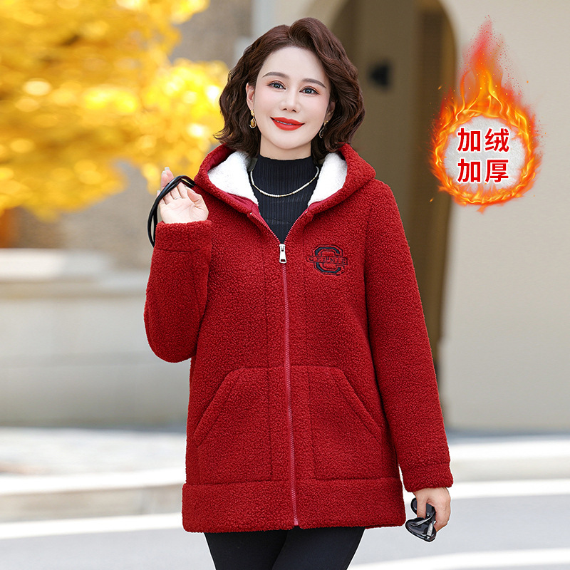 妈妈冬装羊羔毛外套加绒加厚新款洋气时尚中老年女连帽颗粒绒棉服|undefined