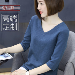 2025秋装新款纯棉竹节棉妈妈中袖t恤七分袖打底衫v领宽松女士上衣