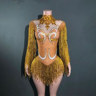 Singer Stage Dance Clothing Retro Pearl Rhinestone European and American Dance Clothing Sexy Long Sleeve Tassel Performance Clothing