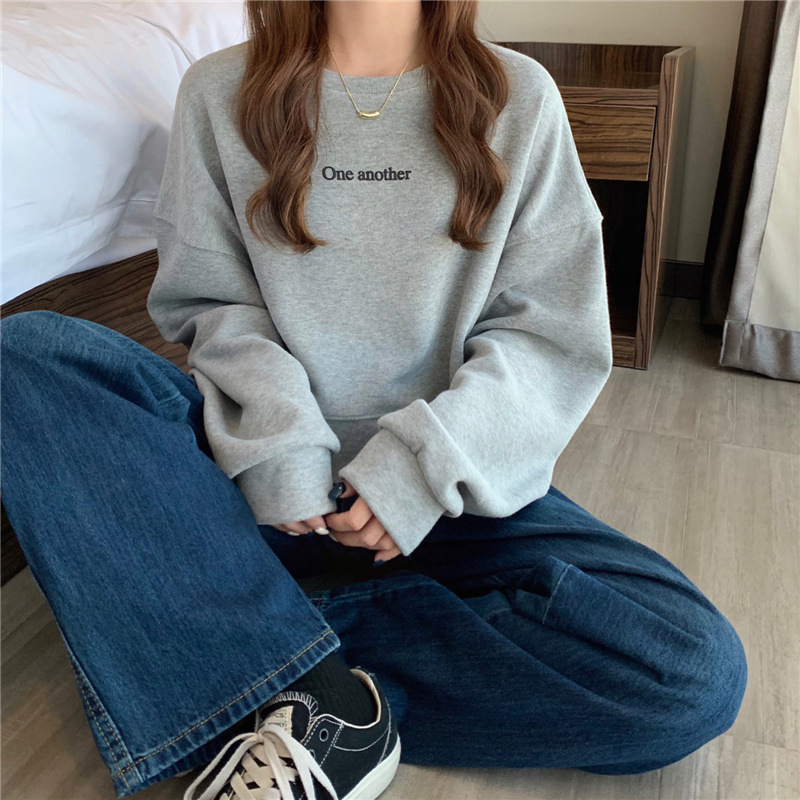 Short Round Neck Pullover Sweatshirt for Women Spring & Fall Long-Sleeved Loose Letter Print Simple Preppy Style Hooded Thin Top Short Round Neck Pullover Sweatshirt for Women Spring & Fall Long-Sleeved Loose Letter Print Simple Preppy Style Hooded Thin Top