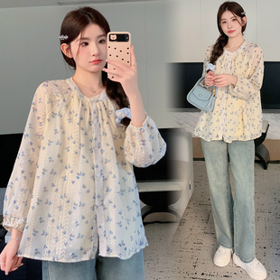 2024 New Autumn and Winter Pregnant Women Fashion Korean Style Outer Wear Slimming Jacquard Pleated Sweet Floral Doll Top