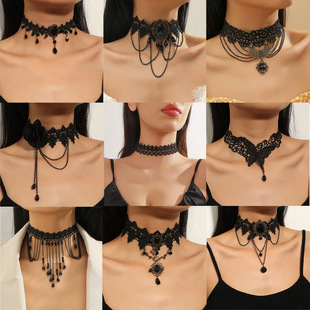 European and American cross-border jewelry black necklace lace clavicle chain light luxury high-end hollow tassel gothic necklace for women