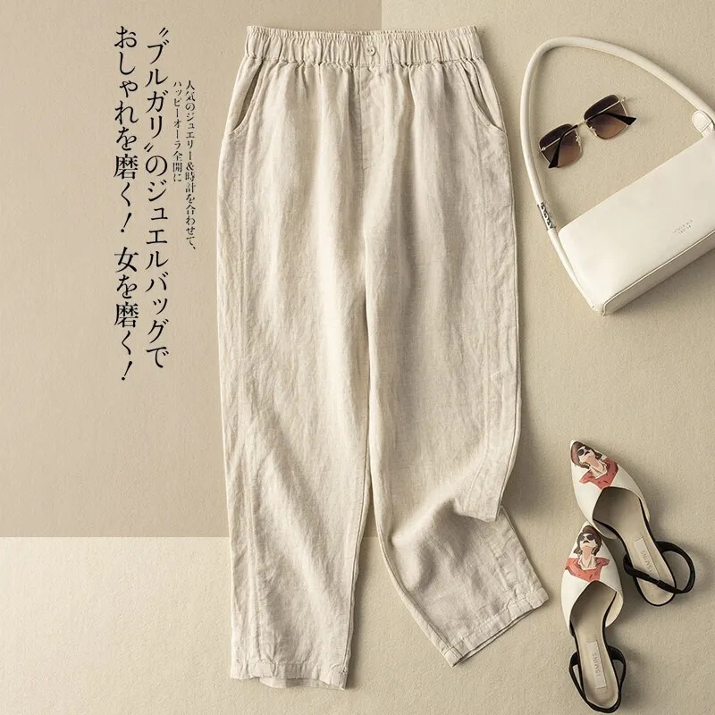 Summer New Cropped Pants Plus Size Casual Pants Cotton Linen Simple Solid Color Women's Loose Slimming Harem Pants Versatile Comfortable