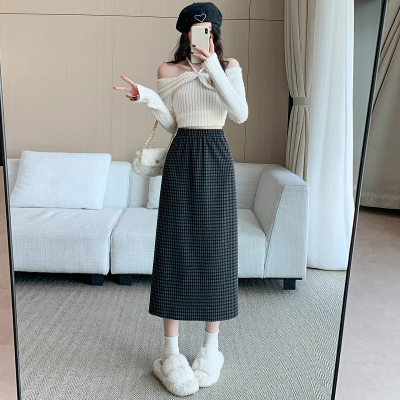 复古格子毛呢半身裙女秋冬松紧高腰显瘦休闲开叉a字中长款包臀裙|undefined