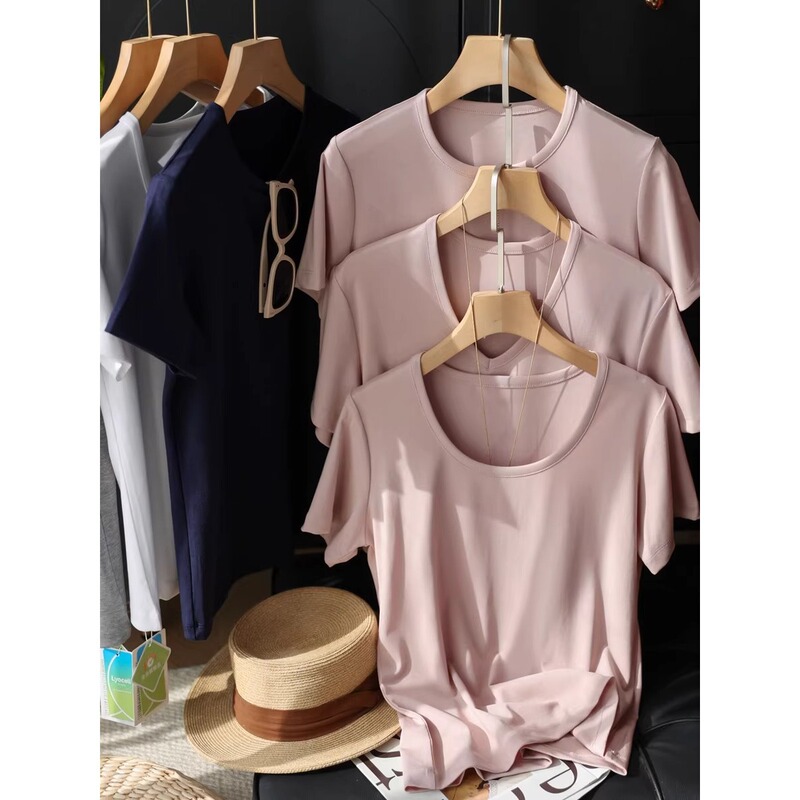 High Count, High Density, Soft Matte and Cool Feeling 91% Lyocell Round V Neck Basic Versatile Tencel Short-Sleeved T-Shirt for Women Summer New
