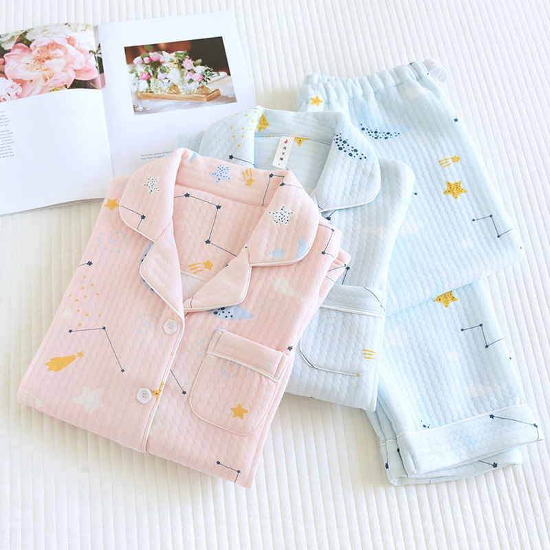 新品冬款翻领长袖棉家居服三层空气棉保暖产后哺乳防走光月子服