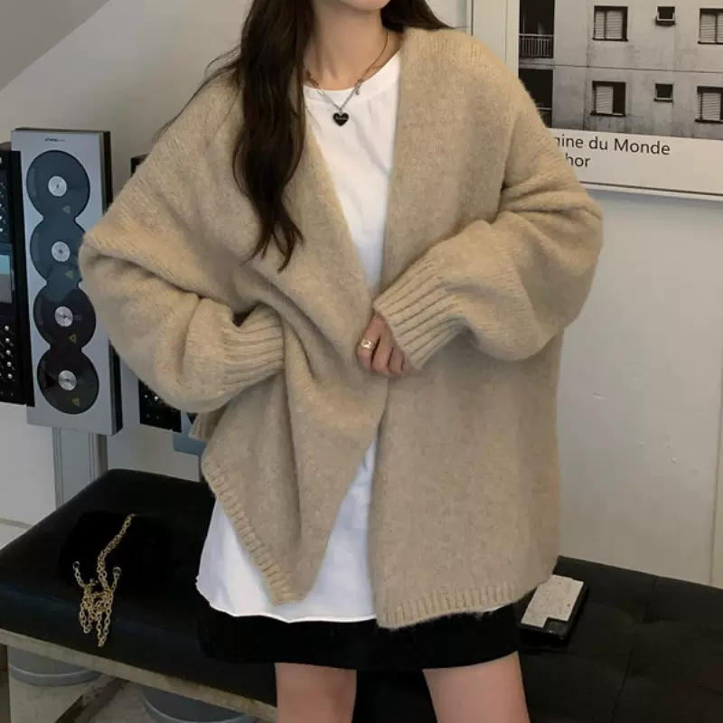 秋冬新款韩版宽松V领针织开衫女慵懒风复古百搭显瘦毛衣外套女