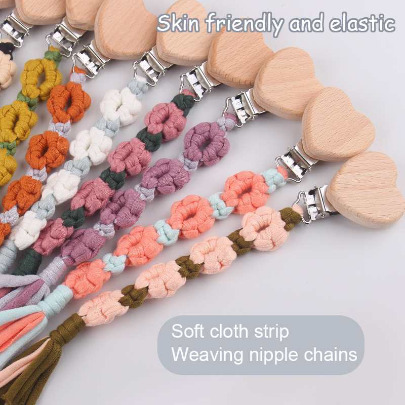 Nuevos productos para bebés, tela de algodón, cadena de chupete, pequeña margarita tejida a mano, chupete para bebés, cadena anti-caída