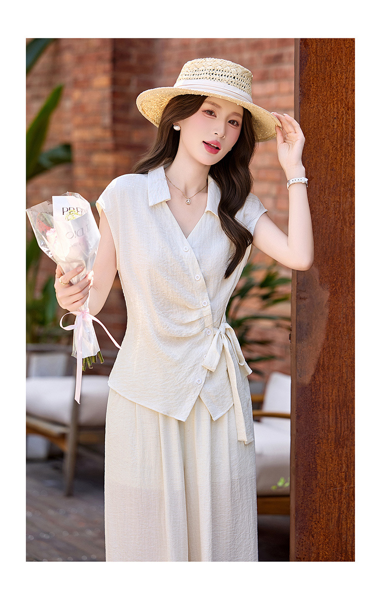 Bộ quần áo nữ hai mảnh gồm áo sơ mi eo thon và quần ống rộng, thiết kế thanh lịch mùa hè 2026 — Xanh lông mòng đen, màu mơ chi tiết 20