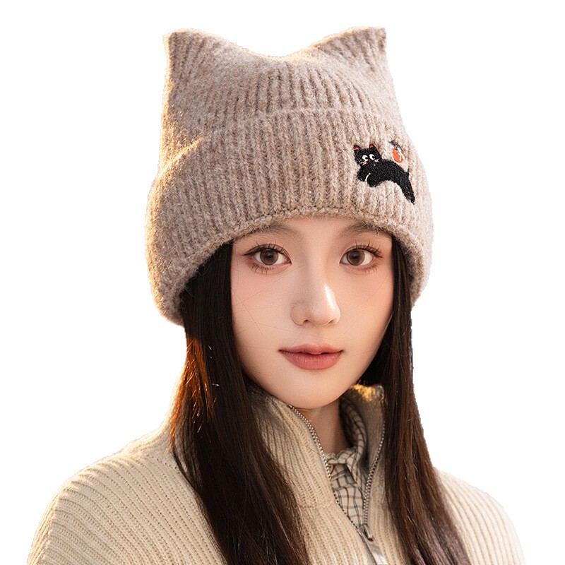 韩版秋冬季帽子女款毛线针织帽显脸小包头帽百搭可爱猫耳保暖冷帽|undefined