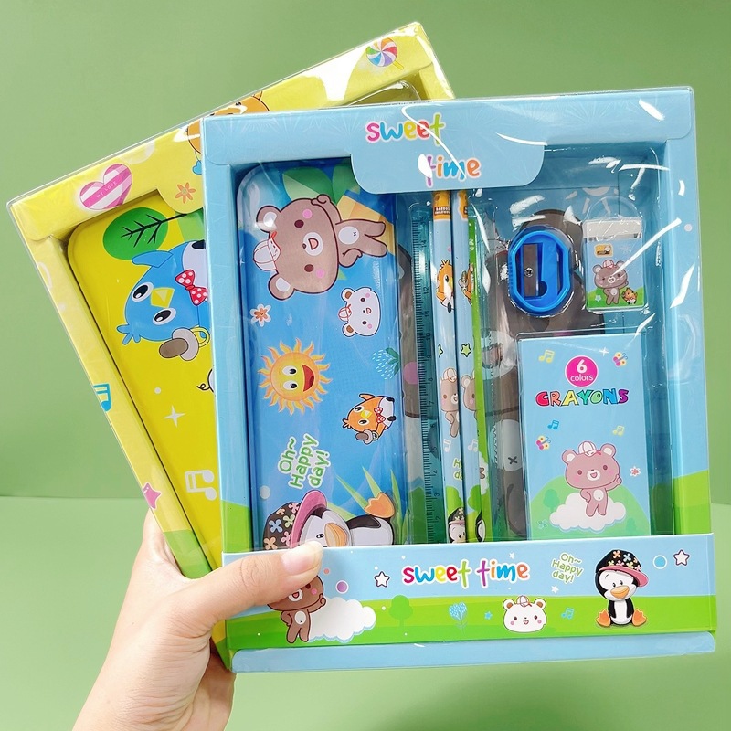 new cartoon stationery suit 7-piece school supplies primary school kindergarten opening gift reward prize
