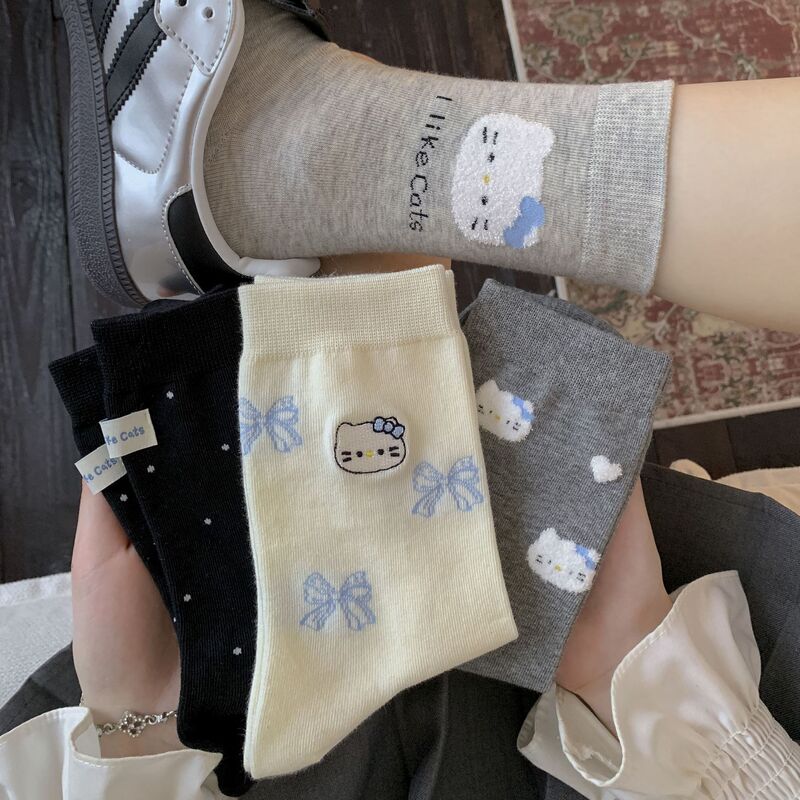 Cute Kitty Velvet Embroidery Seamless Versatile Slouch Socks with Heart Bow Fabric Tag Polka Dot Cotton Mid-Calf Socks
