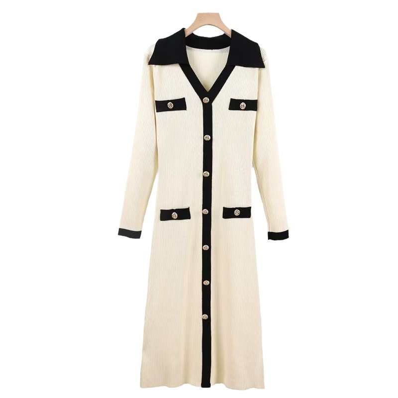 2025 봄과 가을 한국 세련된 프랑스 기질 V-NECK 단일 가슴 슬림 슬리밍 베이스 니트 원피스 8192