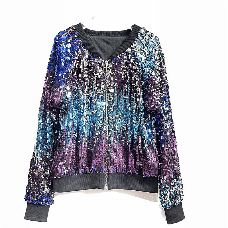 A generation of real shot Europe and the United States gradient sequins bomber jacket coat baseball uniform women's spot