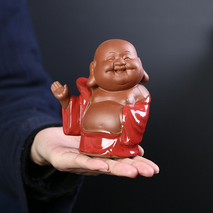 Chinese Zen Maitreya Buddha decoration purple sand lucky big belly smile Buddha tea tray office desktop decoration wholesale