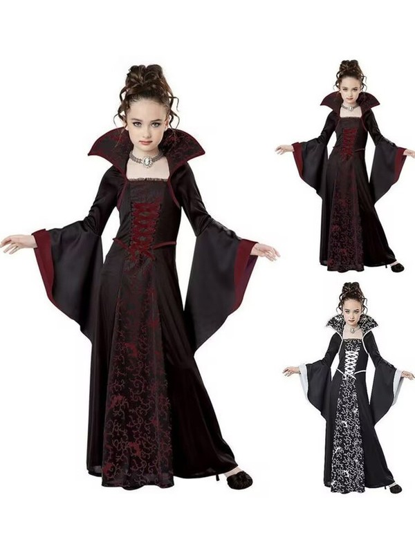 ヨーロッパとアメリカの新しいハロウィン子供用コスチューム魔女コスチューム中世レトロレースアップスタンドカラーベルスリーブプリントロングスカート|undefined
