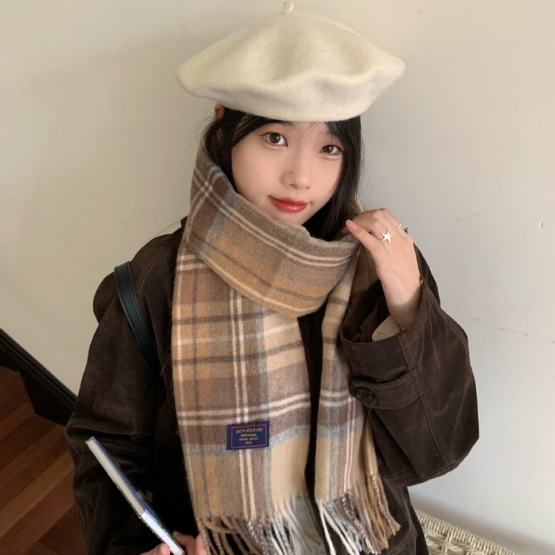 韩系高级氛围感格纹针织围巾女款保暖流苏百搭时尚秋冬披肩围脖|undefined
