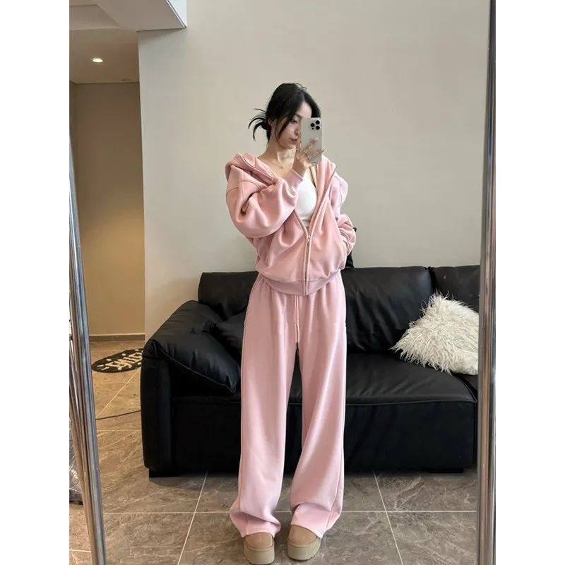 大码简约纯色休闲运动套装女秋冬200斤胖mm连帽外套+阔腿裤两件套|undefined
