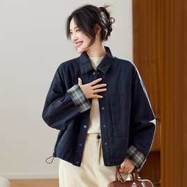 2025冬季韩系新款纯棉牛仔棉服短休闲小众复古格子拼接外套上衣女
