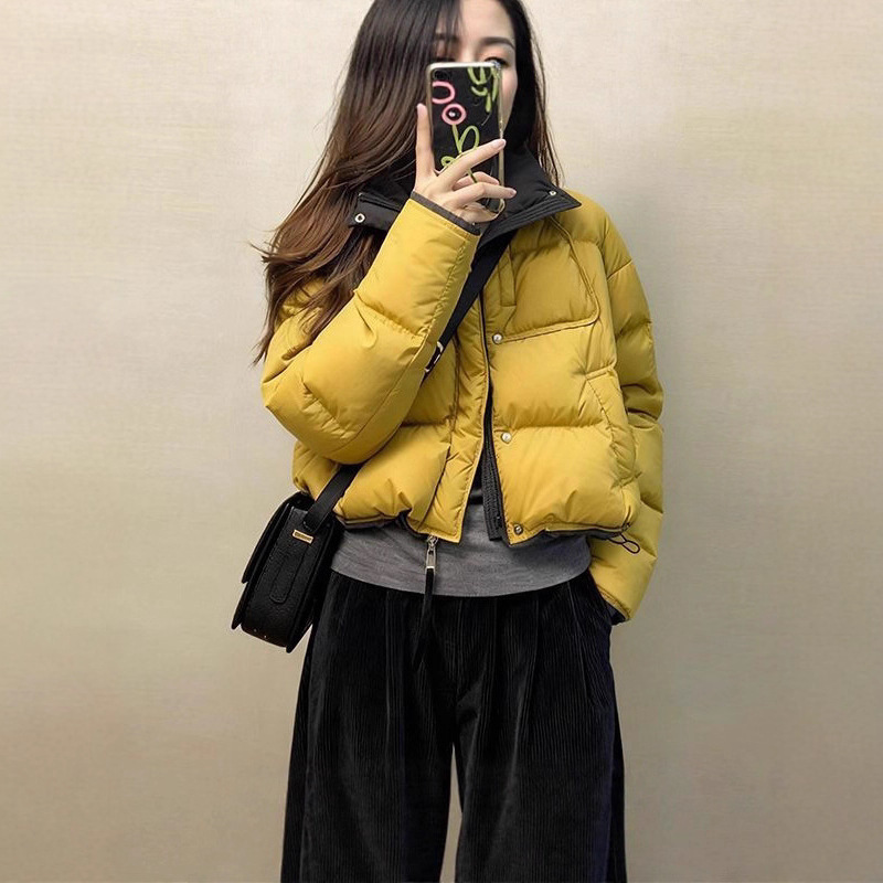 2025巨好看的黄色撞色短款棉服冬小个子韩系短款面包服厚外套棉袄